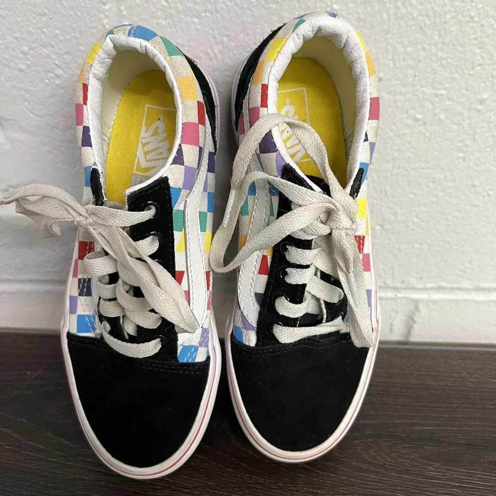 VANS Missy Rainbow Checkerboard Old Skool Lace Up Skate Girls Size 2.5